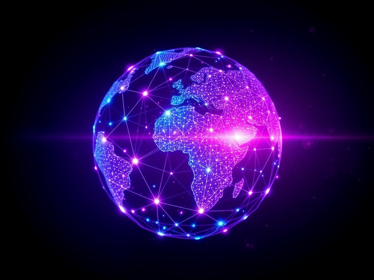 Holographic globe of connected AI nodes representing Mossoft's global delivery network