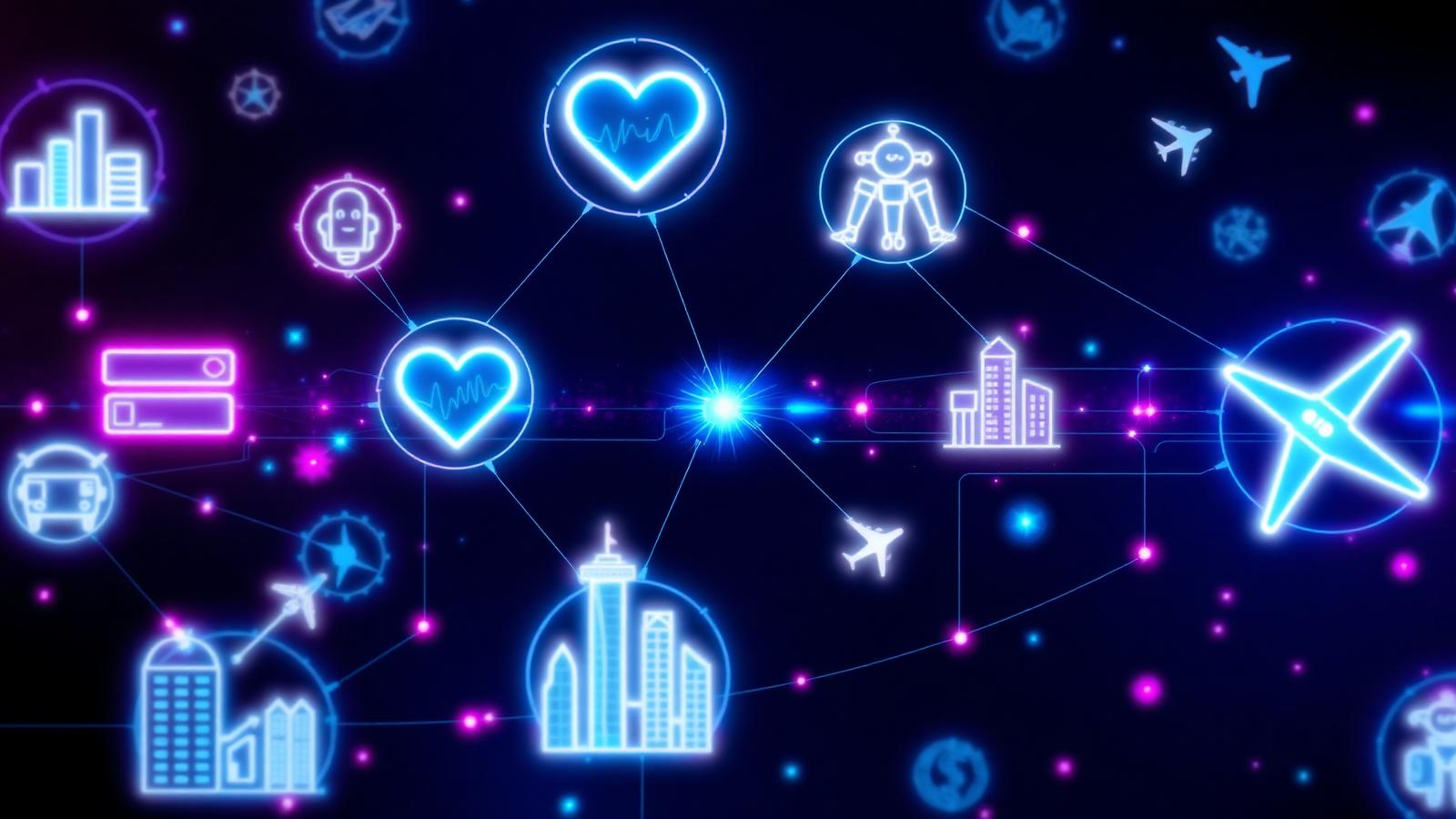 Constellation of glowing industry icons — finance, healthcare, aviation, smart cities — connected by light beams